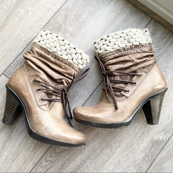 Vintage No Pulse Knit Cuff Lace Up Leather  Boots - Picture 5 of 14